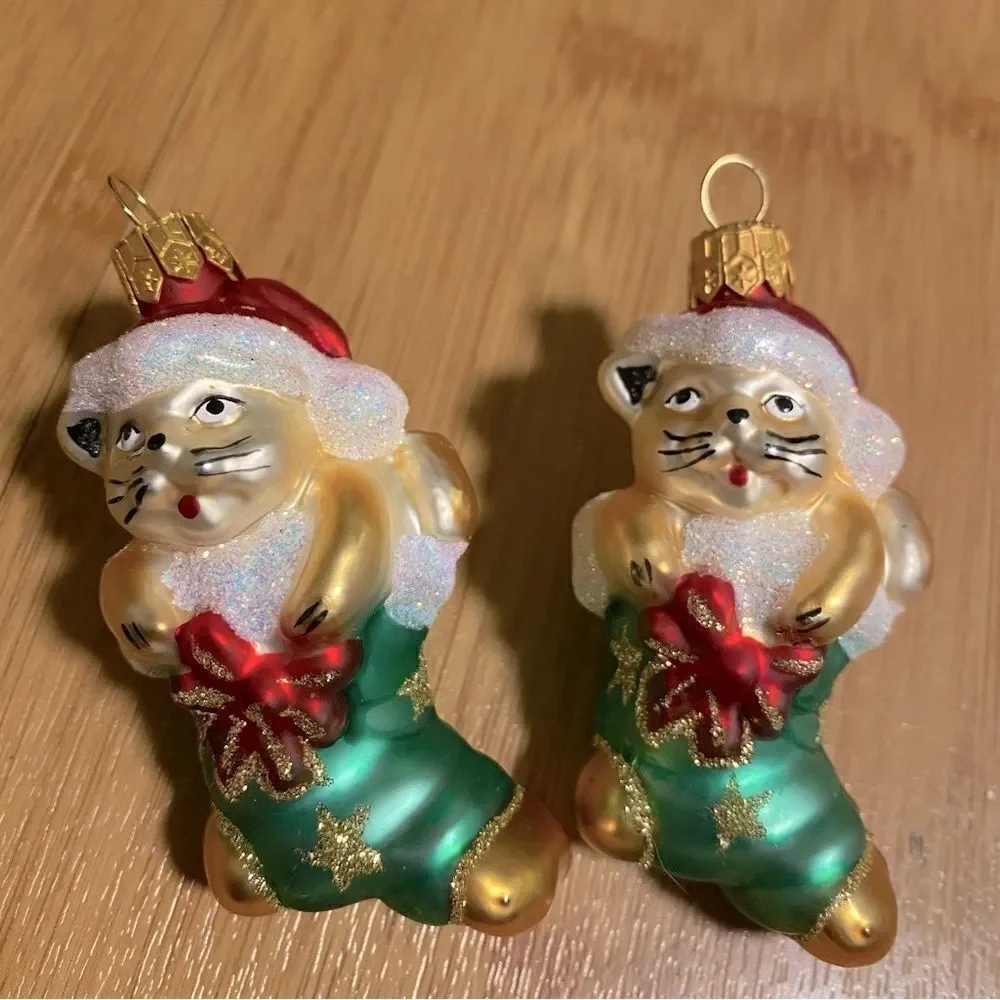Vintage Poland MOUTH BLOWN HAND-PAINTED CHRISTMAS CAT Stocking ORNAMENTS - 2